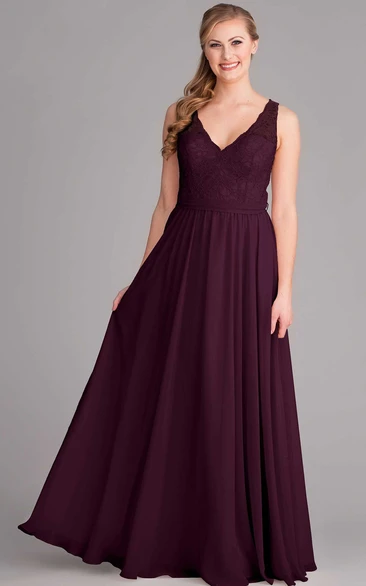 Maxi Chiffon Bridesmaid Dress with Lace V-Neck Sleeveless Design Bow and Keyhole