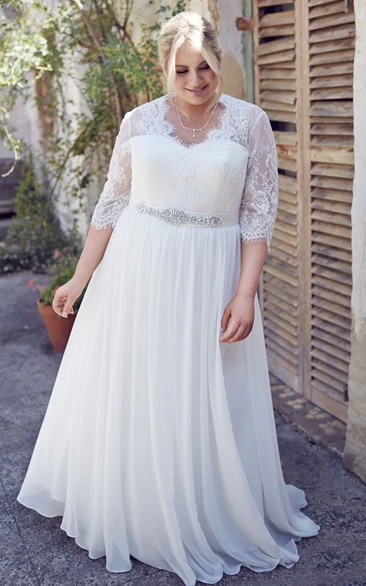 Plus Size V-Neck Chiffon Wedding Dress with Pleats Half-Sleeve Jeweled Maxi
