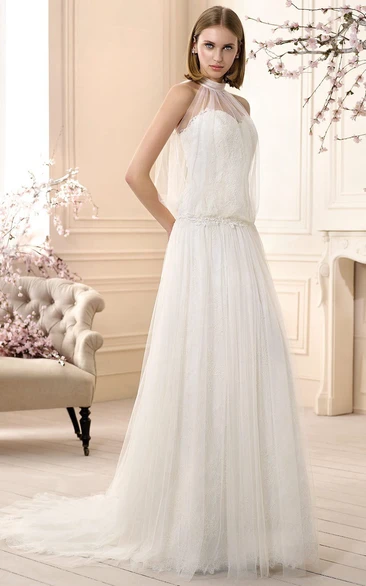 Sleeveless High-Neck Lace A-Line Tulle Wedding Dress
