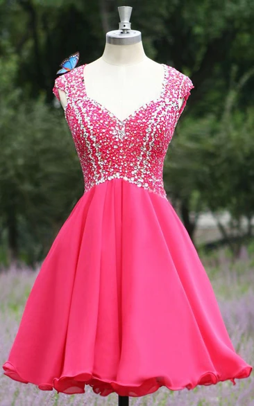 Crystal Embellished V-neck Cap Sleeve Prom Dress