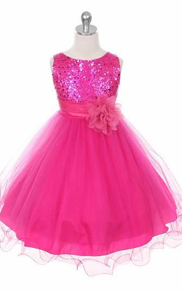 Sequin and Satin Floral Flower Girl Dress with Tiered Skirt and Sash