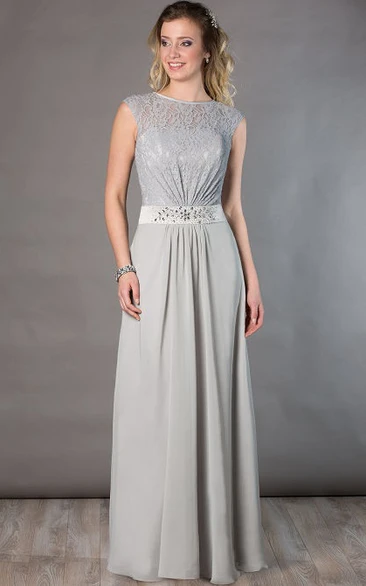 Chiffon Long Mother Of The Bride Dress Jewel Neck Cap Sleeve with Crystal Waist