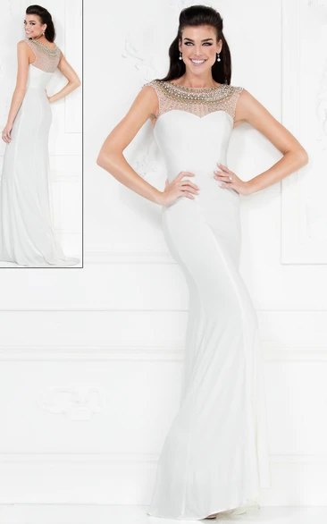 Cap-Sleeve Scoop-Neck Jersey Formal Dress with Illusion and Beading