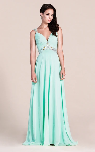 Sleeveless Chiffon Formal Dress with Beaded Straps and Waistline