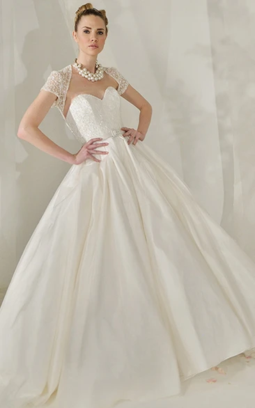 Cap-Sleeve Satin A-Line Wedding Dress with Beaded Sweetheart Neckline