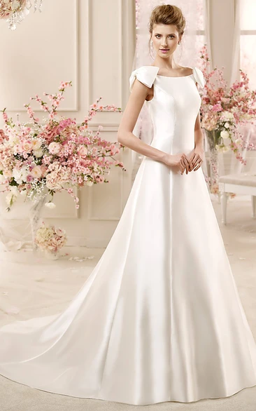 Satin A-Line Wedding Dress with Shoulder Bow and Brush Train