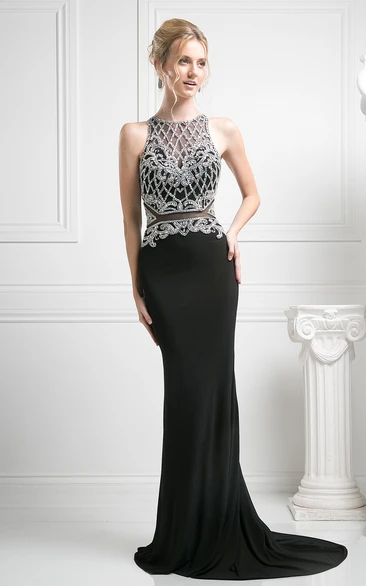 Court Train Jersey Pencil Formal Dress with Keyhole and Beading