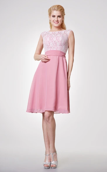 Lace Cap-sleeved A-line Short Bridesmaid Dress with Chiffon Skirt