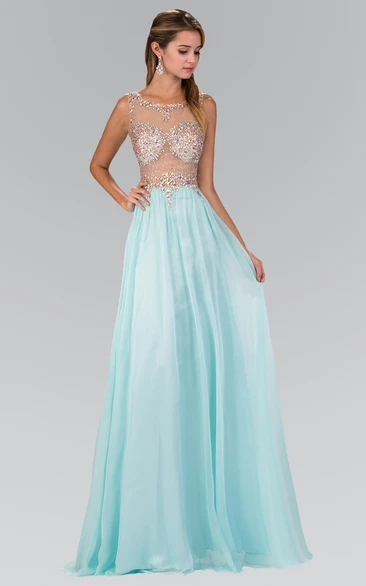 A-Line Chiffon Beaded Formal Dress with Pleats and Sleeveless