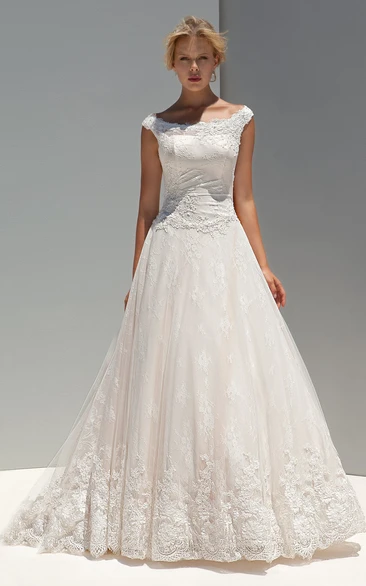 A-Line Lace Wedding Dress with Cap Sleeves and Long Scoop Neck