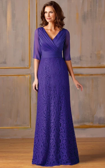 Lace V-Neck Mother Of The Bride Dress with Illusion Back Half-Sleeved