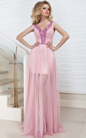 Cap-Sleeve V-Neck Tulle Prom Dress with Beading Pleats and Ruching