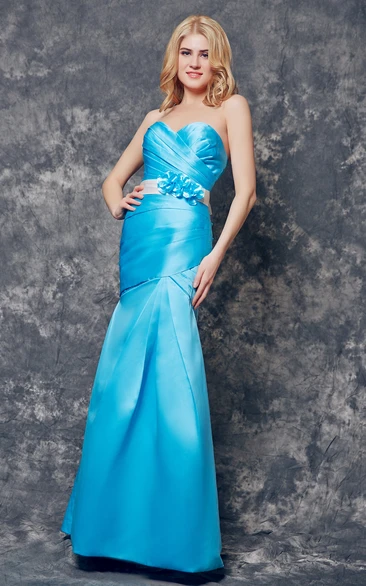 Long Satin Dress with Sweetheart Neckline and Floral Sash Ruched