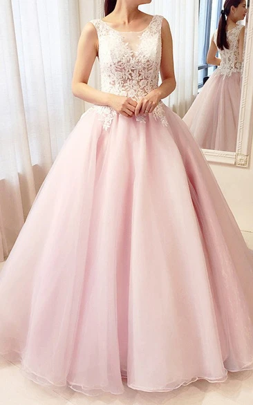 Ruffled Ball Gown Prom Dress with Lace Tulle Scoop Sleeveless Floor-length