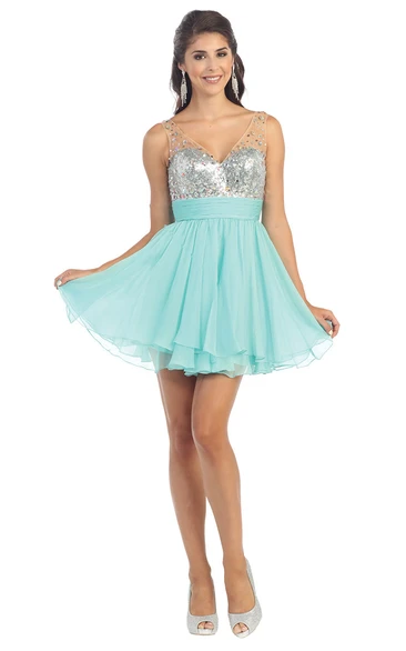 Chiffon A-Line Sleeveless Prom Dress with Sequins and Low-V Back