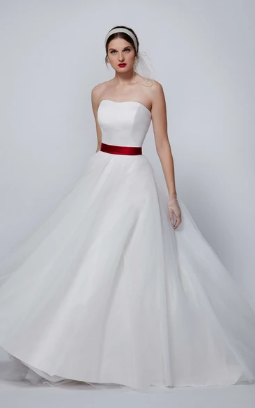 A-Line Satin & Tulle Strapless Bridesmaid Dress Sleeveless Long