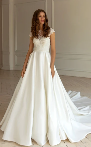 Jewel Lace A-Line Wedding Dress with Appliques Modern & Short Sleeve