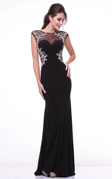 Cap-Sleeve Jersey Keyhole Formal Dress with Beading and Scoop Neck