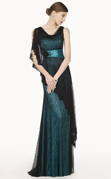 Asymmetric Sheath Lace Prom Dress with Floral Satin Sash Long Cowl Neckline