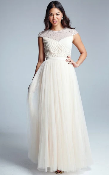Tulle Bridesmaid Dress Maxi Criss-Cross Scoop Neck Sleeveless