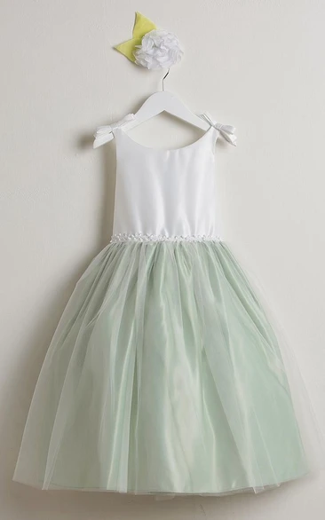 Sleeveless Tulle&Satin Flower Girl Dress Tea-Length Bowed