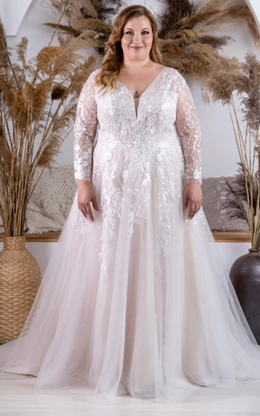Plunging Neckline Tulle A Line Wedding Dress with Appliques Elegant