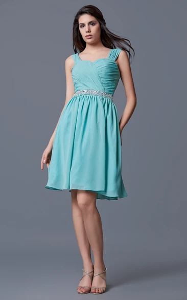 Knee Length Chiffon Prom Dress with Beaded Waist and Straps