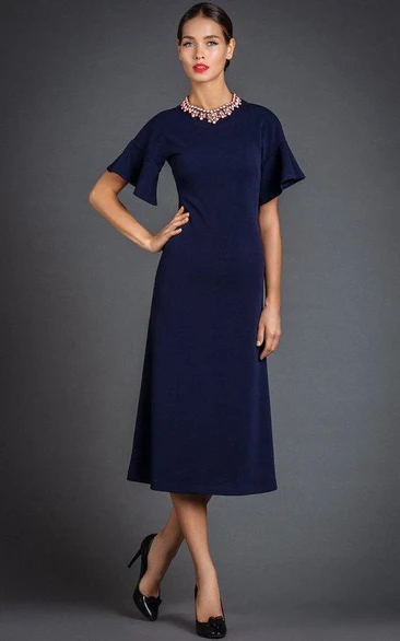 Tea-Length A-Line Formal Dress with Bell Sleeves