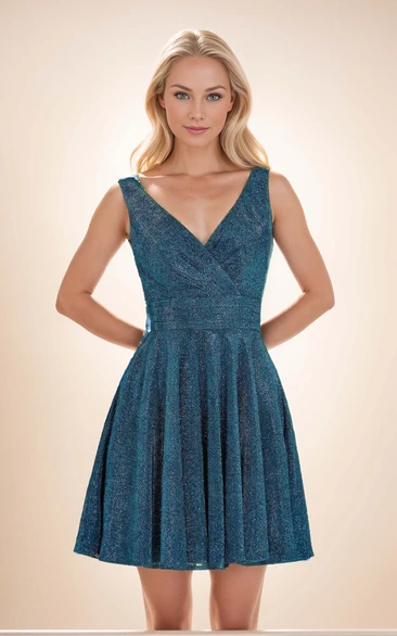 Cute Adorable Short Ink Blue A-Line Glitter Homecoming Dress Ruched Waistline V-Neck Lace-Up Back Mini Junior Prom Dress