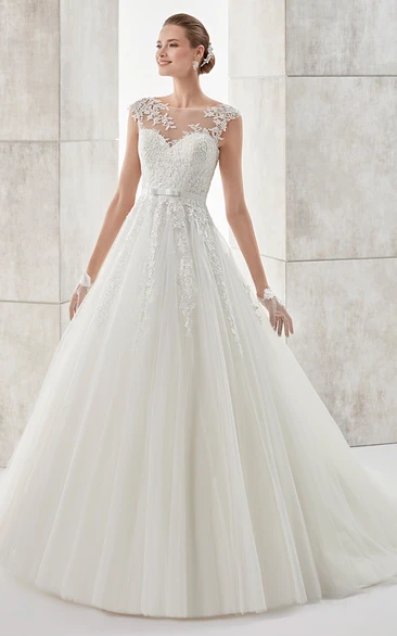 Cap Sleeve A-Line Wedding Dress with Illusive Design Elegant Bridal Gown