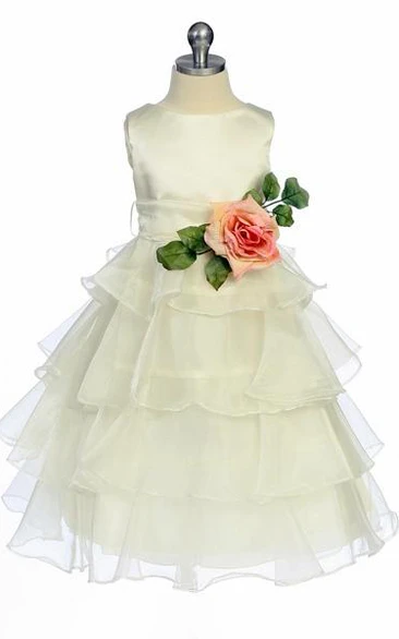 Tiered Organza Tea-Length Flower Girl Dress with Floral Design Flowy Wedding Dress