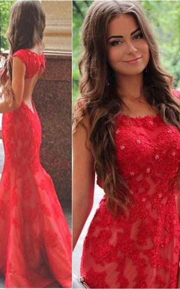 Red Mermaid Prom Dress with Lace Appliques Sexy Jewel Sweep Train