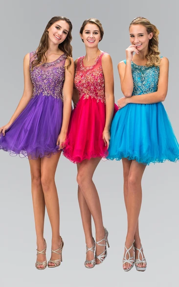 Tulle Ruffle Beaded A-Line Formal Dress with Scoop Neck