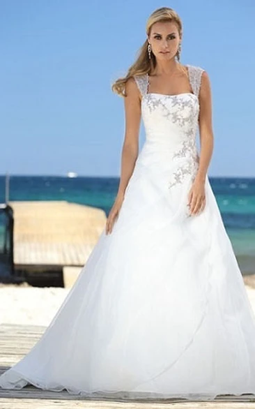 Beaded Queen Anne Organza A-Line Wedding Dress with Side Draping