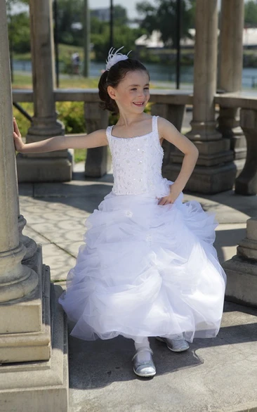 Organza Flower Girl Ball Gown with Square Neckline and Ruffled Skirt