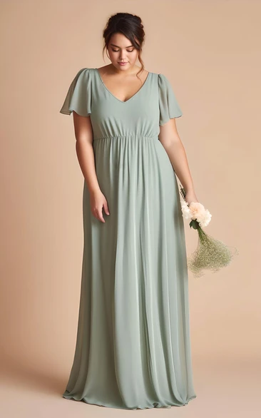 Modest Plus Size Sheath Bridesmaid Dress Short Sleeve V-neck Floor-length Elegant