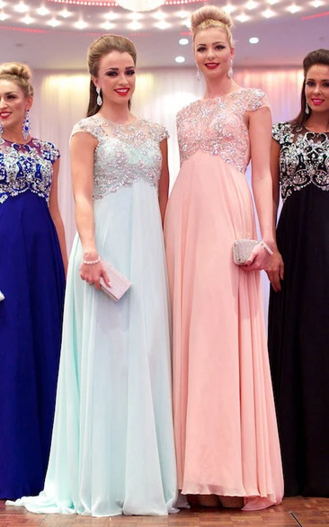 Beaded Chiffon Prom Dress Cap-Sleeve Floor-Length Jewel-Neck Empire A-Line