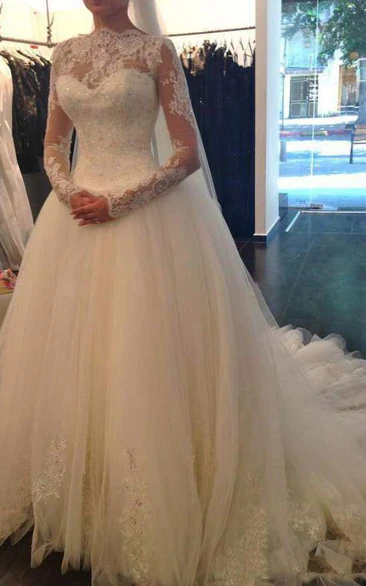 Illusion Sleeve High Neck A-line Tulle Wedding Dress