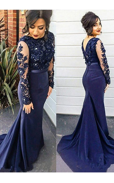 High Neck Satin Lace Mermaid Formal Dress with Sweep Train