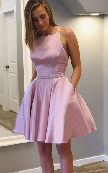 Halter Satin A-Line Homecoming Dress with Beading Sexy Prom Dress