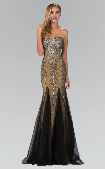 Sweetheart Tulle Maxi Formal Dress with Corset Back Crystal Detailing and Pleats in Sheath Style