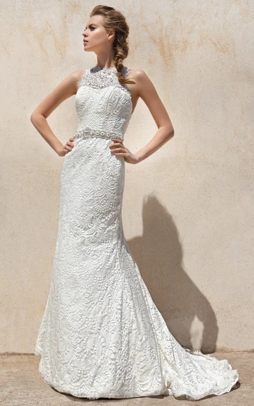 Beaded Sheath Lace Wedding Dress with High Neck and Sleeveless Design