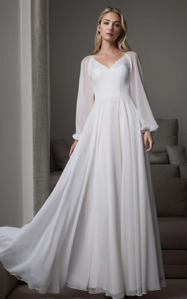 Simple Casual A-Line Long Puff Sleeve V-Neck Wedding Dress Modest Elegant Romantic White Zipper Back Floor Maxi Bridal Gown