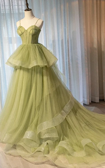 Court Train Tulle Ball Gown Formal Dress with Peplum Ethereal & Sleeveless