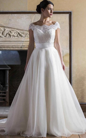 Long Lace and Tulle Wedding Dress with Cap-Sleeves and Bateau Neckline