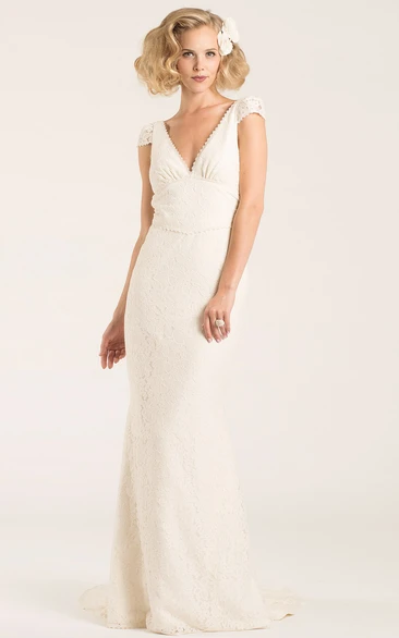 Lace Cap-Sleeve V-Neck Wedding Dress with Sweep Train and Backless Elegant Bridal Gown