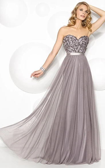 Sweetheart Beaded Tulle Prom Dress with Floor-Length A-Line Skirt