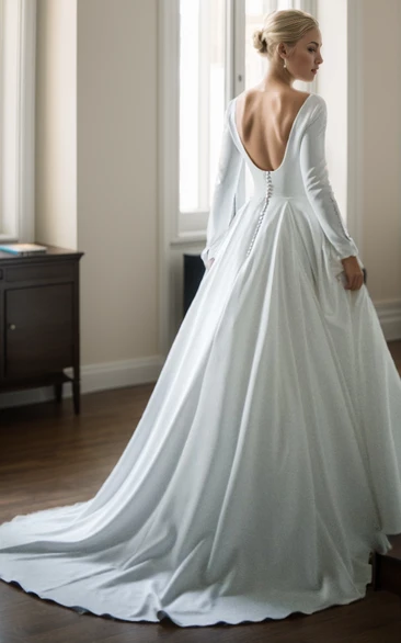 Simple Modest Long Sleeve A-Line Court Train Wedding Dress Satin Boat Neck Low Back Ball Gown