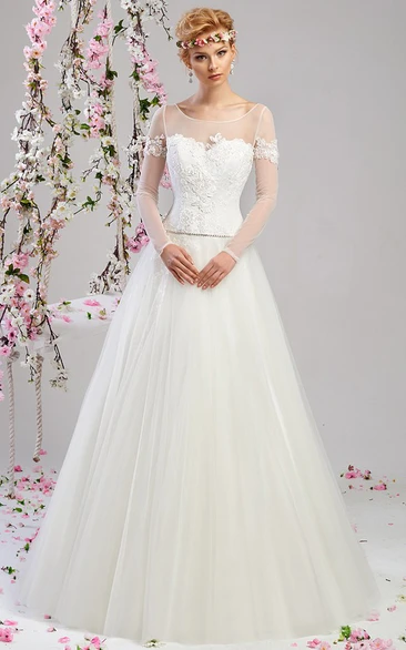 Appliqued Tulle Wedding Dress A-Line Long-Sleeve Scoop-Neck