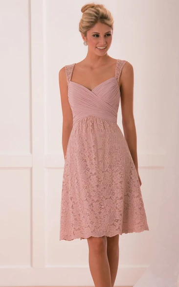 Short A-Line Lace Bridesmaid Dress with Cap Sleeves and Ruched Bodice